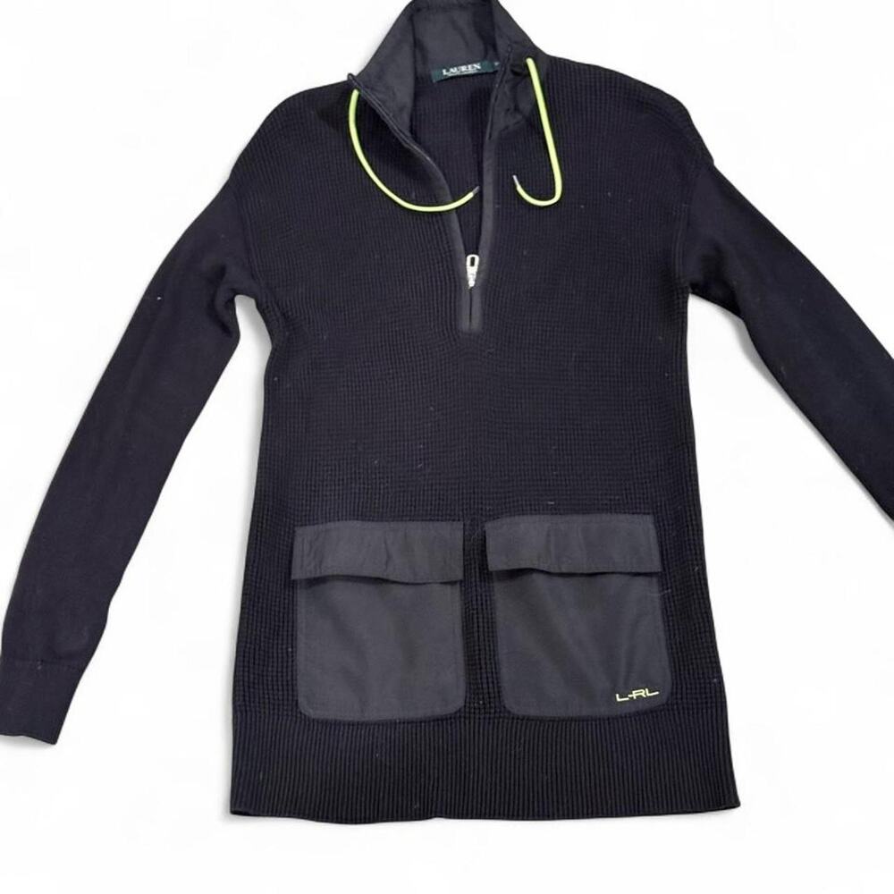 Lauren Ralph Lauren L-RL Black Waffle Knit Half Zip Sweater Neon Green XXS